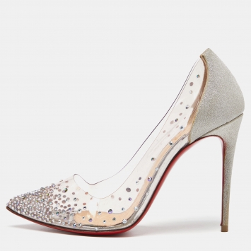 Pre Owned Christian Louboutin Silver Glitter and PVC Degrastrass Embellished Pumps Size 38