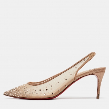 Pre Owned Christian Louboutin Beige Mesh Follies Strass Slingback Pumps Size 37.5