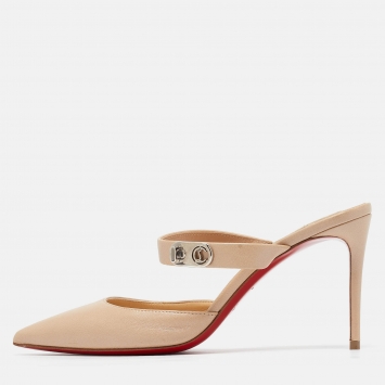Pre Owned Christian Louboutin Beige Leather Choc Lock Heel Mules Size 36