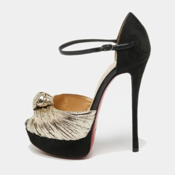 Pre Owned Christian Louboutin Gold/Black Suede and Leather Ankle Strap Louboutin Pumps Size 34