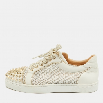 Pre Owned Christian Louboutin White Mesh and Leather AC Viera Spiked Orlato Low Top Sneakers Size 35