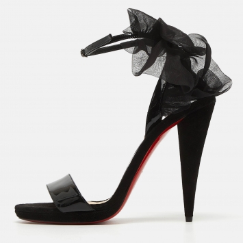 Pre Owned Christian Louboutin Black Patent Leather and Fabric Jacqueline Sandals Size 39