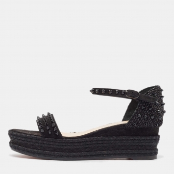 Pre Owned Christian Louboutin Black Suede And Raffia Madmonica Sandals Size 37