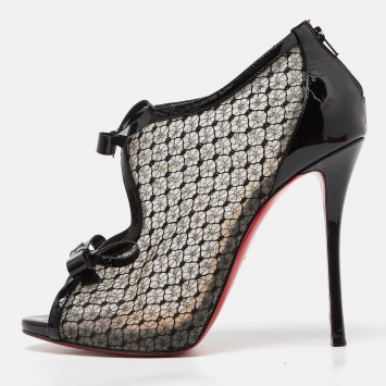 Pre Owned Christian Louboutin Black Patent Leather and Mesh Empiralta Booties Size 40