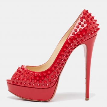 Pre Owned Christian Louboutin Red Patent Leather Lady Peep Spikes Pumps Size 38