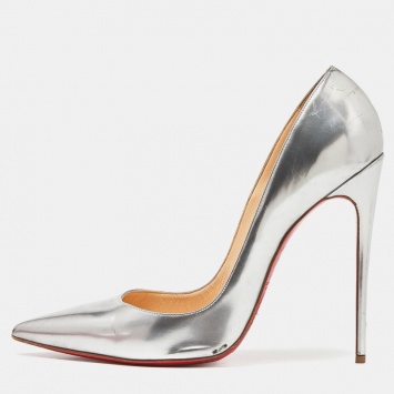 Pre Owned Christian Louboutin Silver Foil Leather So Kate Pointed Toe Pumps Size 42