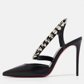 Pre Owned Christian Louboutin Black Leather Spikita Slingback Pumps Size 37.5