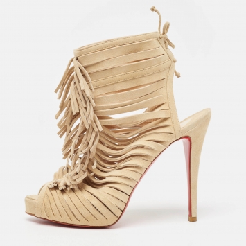 Pre Owned Christian Louboutin Beige Suede Fringe Detail Trim Accent Peep Toe Ankle Boots Size 38