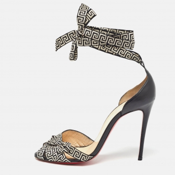 Pre Owned Christian Louboutin White/Black Fabric and Leather Christeriva Ankle Wrap Sandals Size 38