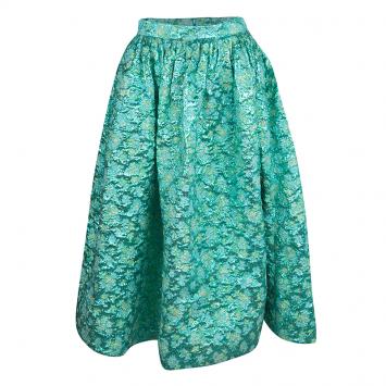 Pre Owned Christian Siriano Metallic Green Floral Jacquard Bubble Lamé Tea Length Skirt M