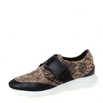 Pre Owned Christopher Kane Beige/Black Floral Lace Print Leather Low Top Sneakers Size 38