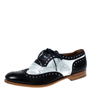 Pre Owned Church's Metallic Silver And Black Brogue Leather Oxfords Size 37