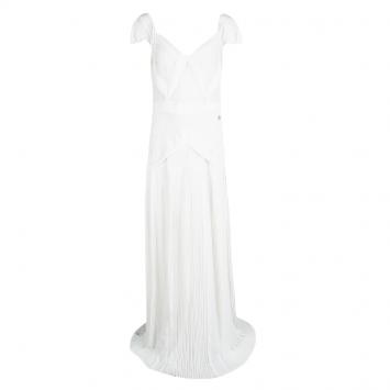 Pre Owned Roberto Cavalli Class Off White Pleated Lace Insert Sleeveless Maxi Dress L