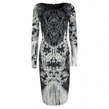 Pre Owned Class by Roberto Cavalli Monochrome Floral Lace Printed Jersey Long Sleeve Dress M