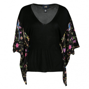 Pre Owned Cavalli Class Black Knit and Floral Print Kaftan Style Top M