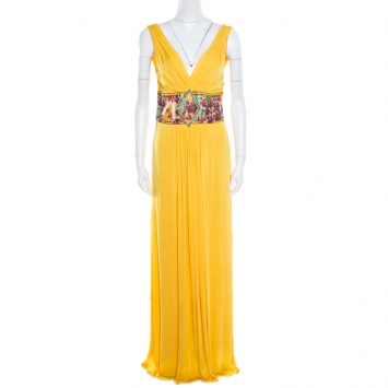 Pre Owned Class by Roberto Cavalli Yellow Knit Floral Trim Embellished Maxi Dress  L