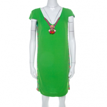 Pre Owned Cavalli Class Neon Green Crepe Embellished Neck Detail Cap Sleeve Shift Dress M