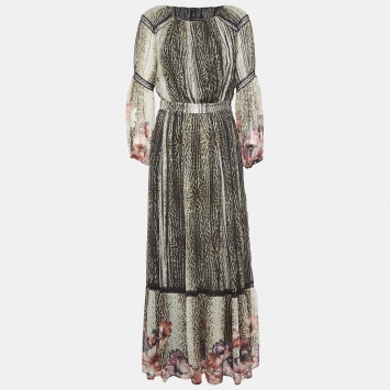Pre Owned Class by Roberto Cavalli Green Animal Print Lace Insert Chiffon Maxi Dress M