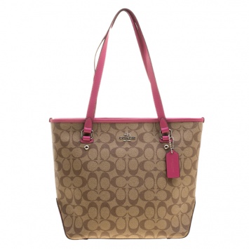 Pre Owned Coach Beige/Pink Signature Canvas and Leather Tote