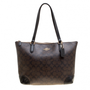Pre Owned Coach Brown/Black Signature Coated Canvas Shopper Tote