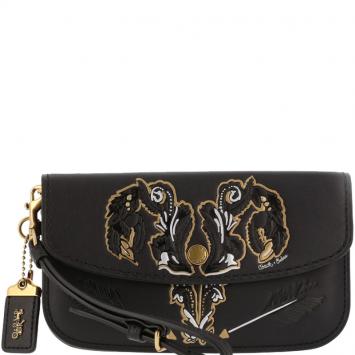 Pre Owned Coach Black Leather Tattoo Wristlet Clutch 