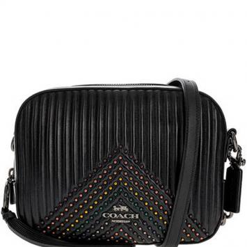Pre Owned Coach Black Quilted Leather Rivets Camera Bag