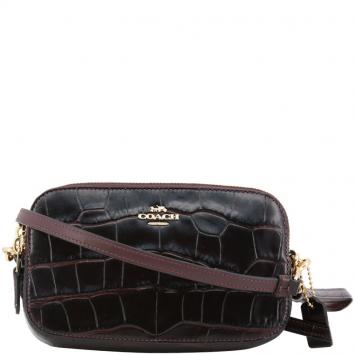 Pre Owned Coach Dark Brown Croc Embossed Leather Crossbody Bag