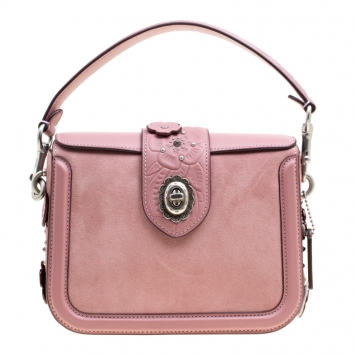 Pre Owned Coach Bubble Gum Suede and Leather Tea Rose Tooling Page Shoulder Bag