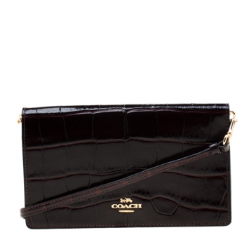 Pre Owned Coach Burgundy Croc Embossed Leather Clutch