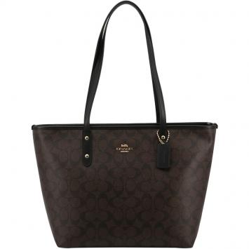 Pre Owned Coach Brown/Black Signature Coated Canvas City Zip Tote