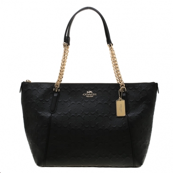 Pre Owned Coach Black Signature Embossed Leather Ava Zip Chain Tote