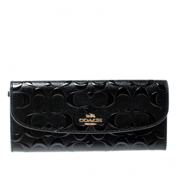 Pre Owned Coach Black Signature Debossed Patent Leather Boxed Soft Wallet