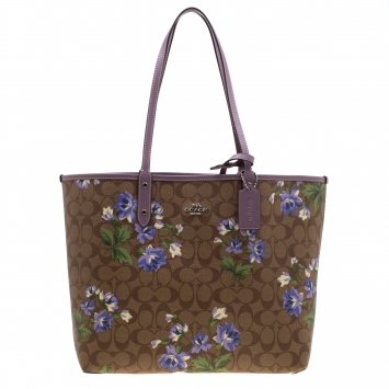 Pre Owned Coach Brown/Khaki Floral Print Coated Canvas Reversible City Tote