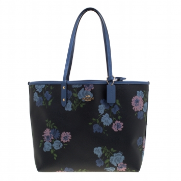 Pre Owned Coach Navy Blue/Beige Floral Print And Signature Coated Canvas Reversible City Tote