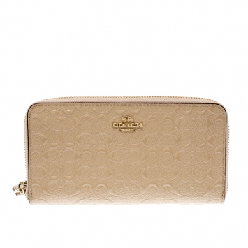 Pre Owned Coach Beige Signature Patent Leather Accordion Zip Around Wallet