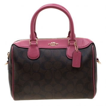 Pre Owned Coach Brown/Fuchsia Signature Coated Canvas and Leather Mini Bennett Satchel