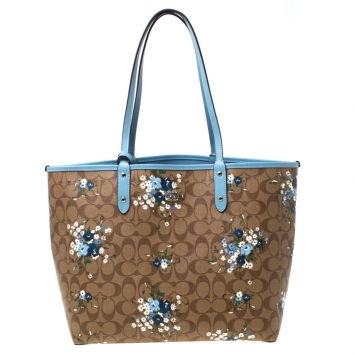 Pre Owned Coach Brown/Blue Floral Print And Signature Coated Canvas and Leather Reversible City Tote