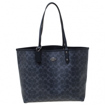 Pre Owned Coach Midnight Blue Signature Coated Canvas Reversible City Tote