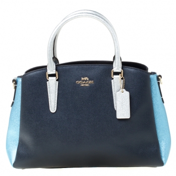 Pre Owned Coach Blue/Silver Leather Sage Carryall Satchel