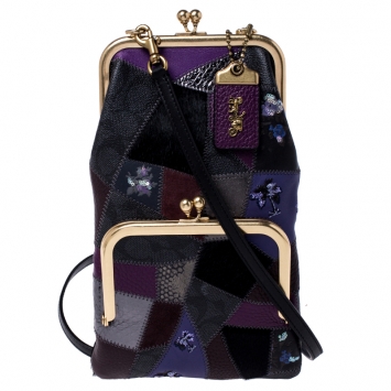 Pre Owned Coach Multicolor Patch Leather and Calfhair Kiss Lock Clutch