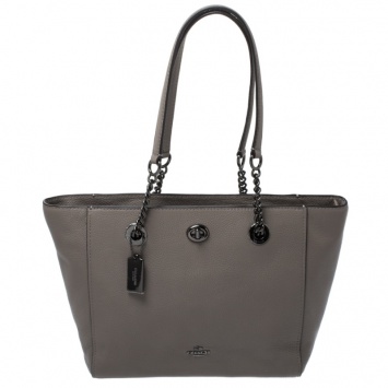 Pre Owned Coach Grey Leather Turnlock Tote