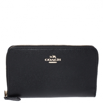 Pre Owned Coach Black Leather Accordion Zip Around Wallet