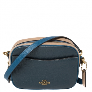 Pre Owned Coach Blue/Beige Leather Logo Plaque Camera Bag