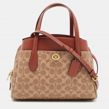 Pre Owned Coach Beige/Brown Signature Coated Canvas and Leather Lora Carryall Tote
