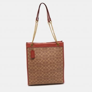Pre Owned Coach Old Rose/Beige Signature Coated Canvas Cashin Chain Tote
