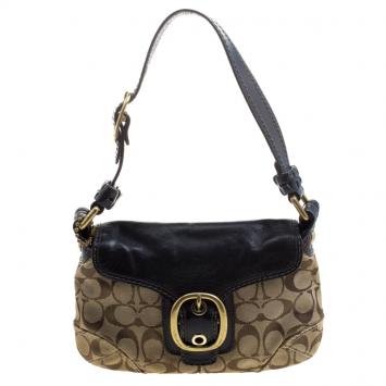 Pre Owned Coach Black/Beige Canvas and Leather Signature Buckle Shoulder Bag