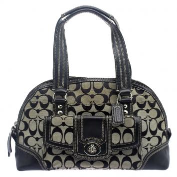 Pre Owned Coach Black/Beige Canvas and Leather Satchel