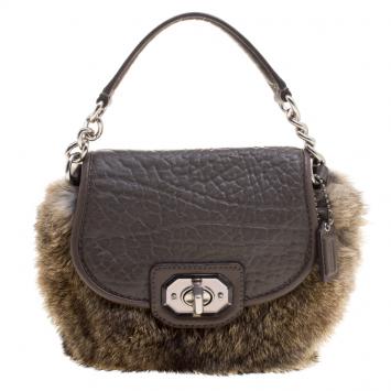 Pre Owned Coach Grey Rabbit Fur and Leather Handbag