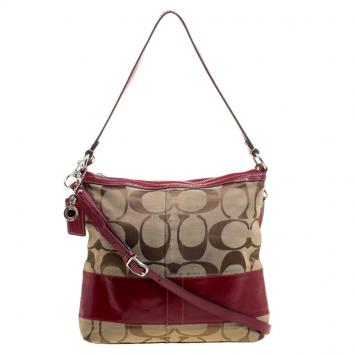 Pre Owned Coach Beige/Red Canvas Signature Crossbody Bag