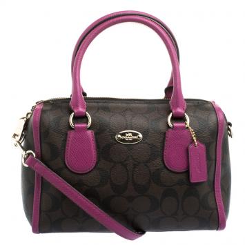 Pre Owned Coach Brown/Purple Signature Printed Canvas Mini Bennett Satchel